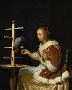 Frans van Mieris A Young Woman in a Red Jacket Feeding a Parrot oil